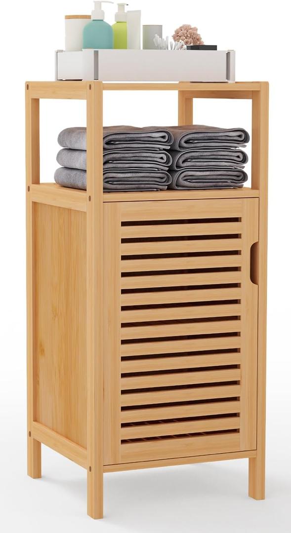 Bamboo Bathroom Storage Cabinet, Freestanding Floor Cabinet with Single Door for Living Room, Bedroom, Hallway, Kitchen