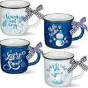 Lallisa 4 Pcs Winter Christmas Coffee Mugs with Ribbon Ceramic Mug Gift Hot Cocoa Mini Coffee Cups Holiday Mugs Tiered Tray Decoration with Handle for Kitchen Farmhouse Home Housewarming Centerpieces