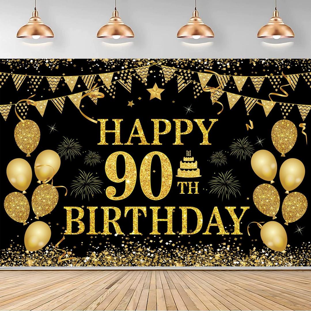 90th Birthday Decorations for Women Men - Happy 90th Birthday Banner Decorations Black Gold Welcome Background Sign for Cheers 90 Years Birthday Party Supplies Decor Indoor Outdoor (72 x 44 inch) ﻿