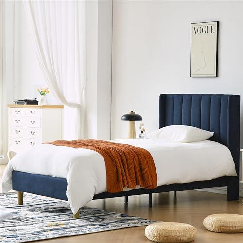YUHUASHI upholstered Platform Bed Frame/Twin Bed Frame/Modern Geometric Double-Wing Design headboard/Linen Fabric/Easy to Assemble no Noise (Navy Blue, Twin)