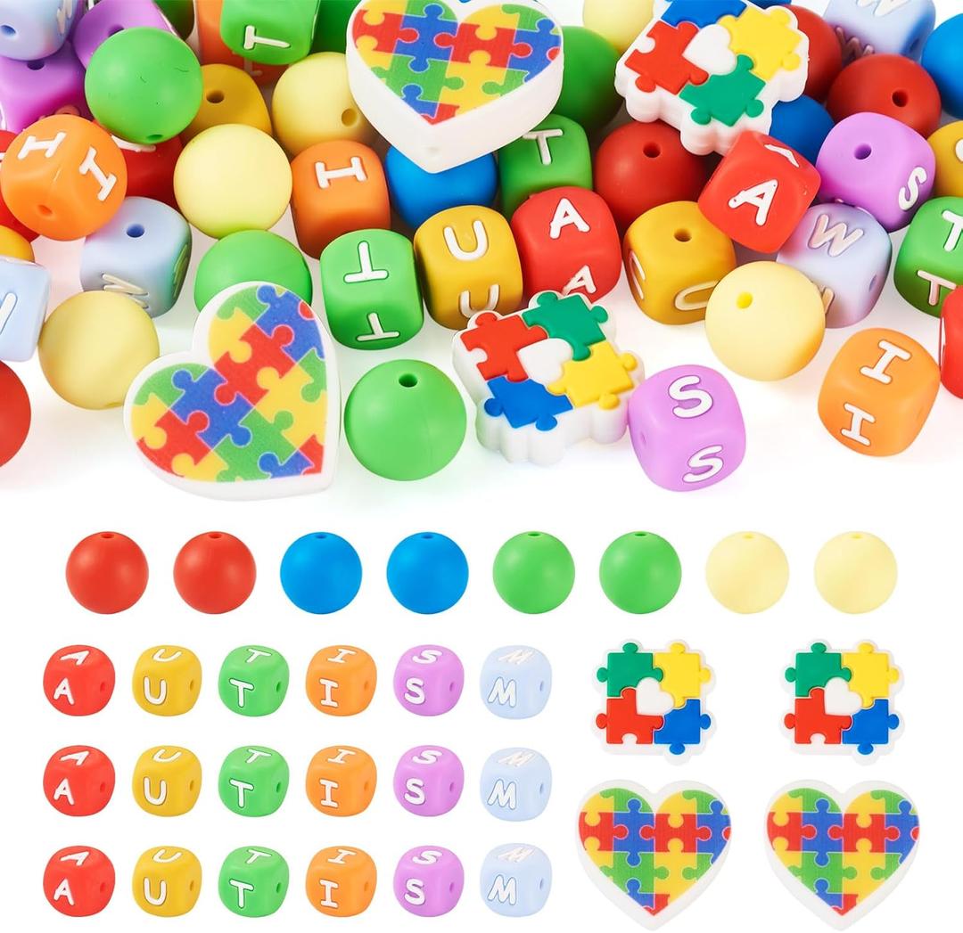 54Pcs Autism Awareness Silicone Bead Autism Cube Letter Rubber Beads Rainbow Heart Puzzle Silicone Beads for Pens Jewelry Making Keychain Lanyard DIY Crafts (Mix Sizes)