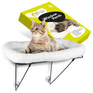 Cat Window Perch - Cat Window Hammock for Small Pets with Heavy Duty Metal Supporting Stand & 4 Strong Suction Cups - Pet Foldable Window Hammock Including Cat Ball Toy - White