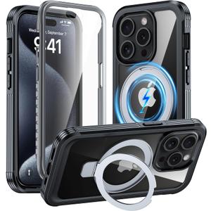 GUSTAVE Magnetic Stand for iPhone 15 Pro Case [Fit for Magsafe] [Built-in 9H Tempered Glass Screen Protector] Full-Body Shockproof Military-Grade Protective Case Black