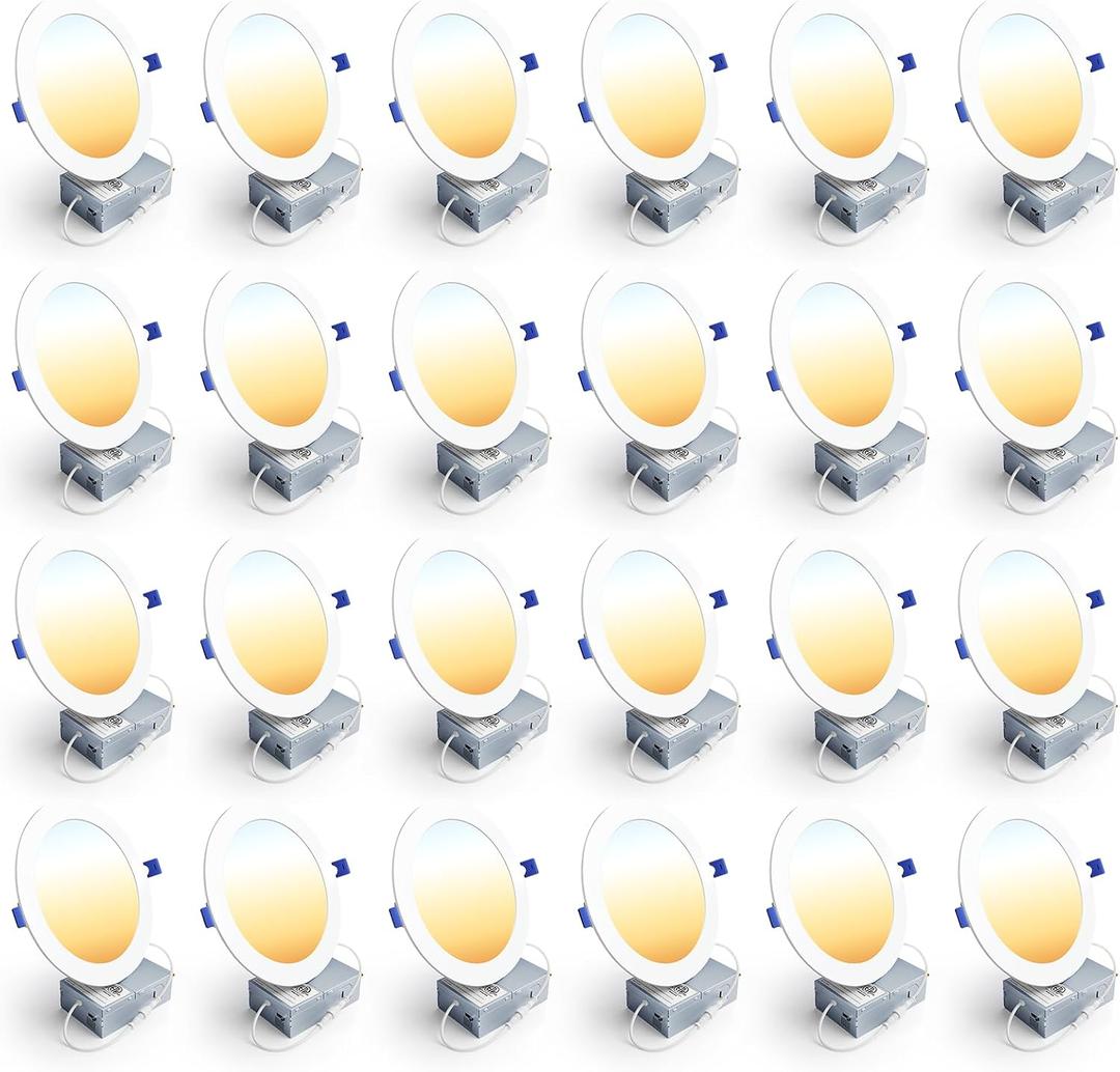 Ensenior 24 Pack 7 Inch LED Recessed Ceiling Light, 5CCT, 1200LM 12W 120V | 2700K-5000K Selectable, 5%-100% Dimmable, Ultra-Thin Canless Wafer Downlight, Aluminum, Damp Rated, ETL&FCC&IC