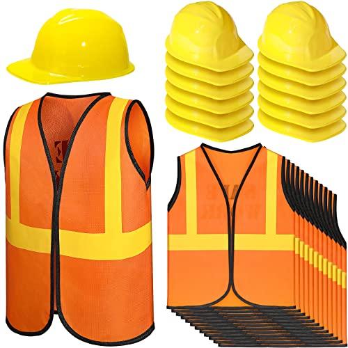 SATINIOR 24 Pcs Construction Birthday Party Supplies Kid Construction Hat and Vest Worker Costume Kids Role Play Dressing up(Orange,17 x 13.7 Inches) 12 Hats, 12 Vests