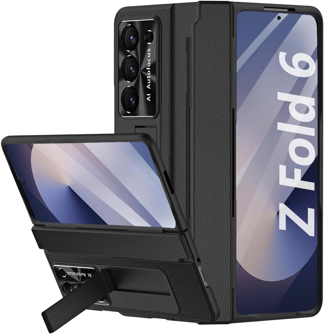 GOUHGKH for Galaxy Z Fold6 Case, with Screen Protector, Rugged Hinge Protection, Camera Lens Cover, PU Leather Protective Phone Case for Samsung Z Fold 6, Black