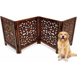 Free Standing Dog Gate 4 Panel Foldable Wooden pet gate Indoor 72" W x 24" H, Hand-Carved Solid Wood & MDF, Portable Indoor Gate for Doorways, Halls, Stairs Fully Assembled_Antique Brown