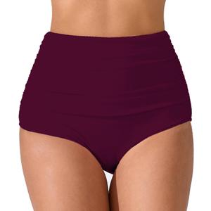 JOYBIK Women’s High Waisted Full Ruched Bikini Swim Bottoms Tummy Control Full Coverage Swimsuit Bottoms (Red, XL)