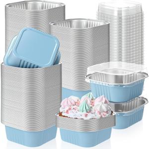 Aoriher 150 Pcs 10 oz Mini Cake Pans with Lids Aluminum Foil Baking Cup Disposable Square 4 x 4 Large Baking Tin, Muffin Pan Cheesecake Kitchen Brownie Pudding Desserts Holder(Sky Blue)