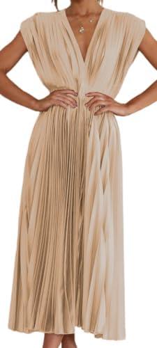 kiobrvhe Elegant Satin V Neck Pleated Midi Dress High Waisted Flowy Long Summer Sleeveless Dresses for Women S