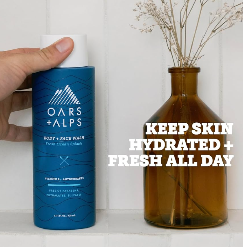 Oars + Alps Body Wash for Men, Mens Body Wash with Vitamin E and Antioxidants, Moisturizing, Hydrating, Paraben & Sulfate Free Cleanser, Fresh Ocean Splash, Size 13,5 Fl. Oz./400 Ml.