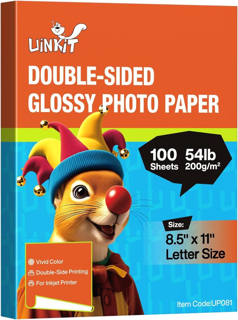 Uinkit 200Gsm 100Sheeets Double Sided Photo Paper Glossy 8.5x11 54lbs Inkjet for Dye Ink Value Bulk Pack Picture 8.5 x 11 9.5Mil for Inkjet Printing Printer