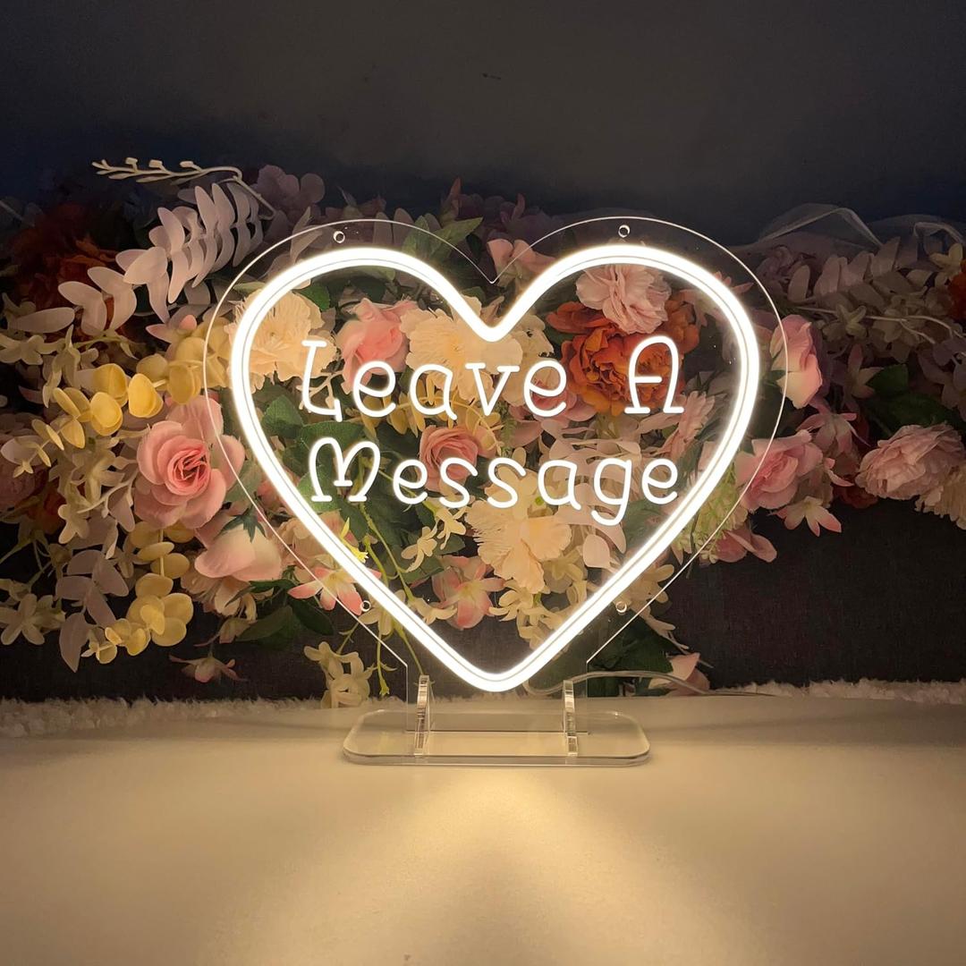 Leave a Message Neon Sign With Holder Base, Neon Guestbook Table Sign for Wedding Shop Business Desk Decor Reception Welcome Dimmable Led Sign, Warm White USB Neon Light Sign, Small