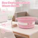 Pink Bow Basket for Nursery- Small Woven Gift Basket with Embroidered Bow, Empty Cute Rope Cotton Decorative Storage Bin, Baby 0rganizer with Handles, Shelves Shower Towel Wedding Decor