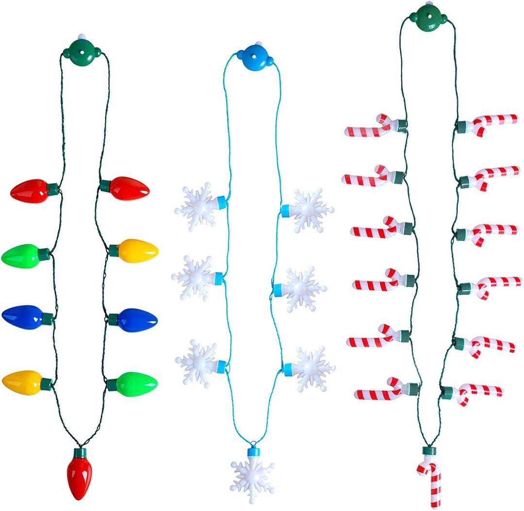 POPLAY Christmas Light Up Necklaces, 3PCS 36~41inch Glowing Necklaces Snowflake Candy Cane LED Bulb String Lights for Indoor Christmas Winter Decoration Party Supplies