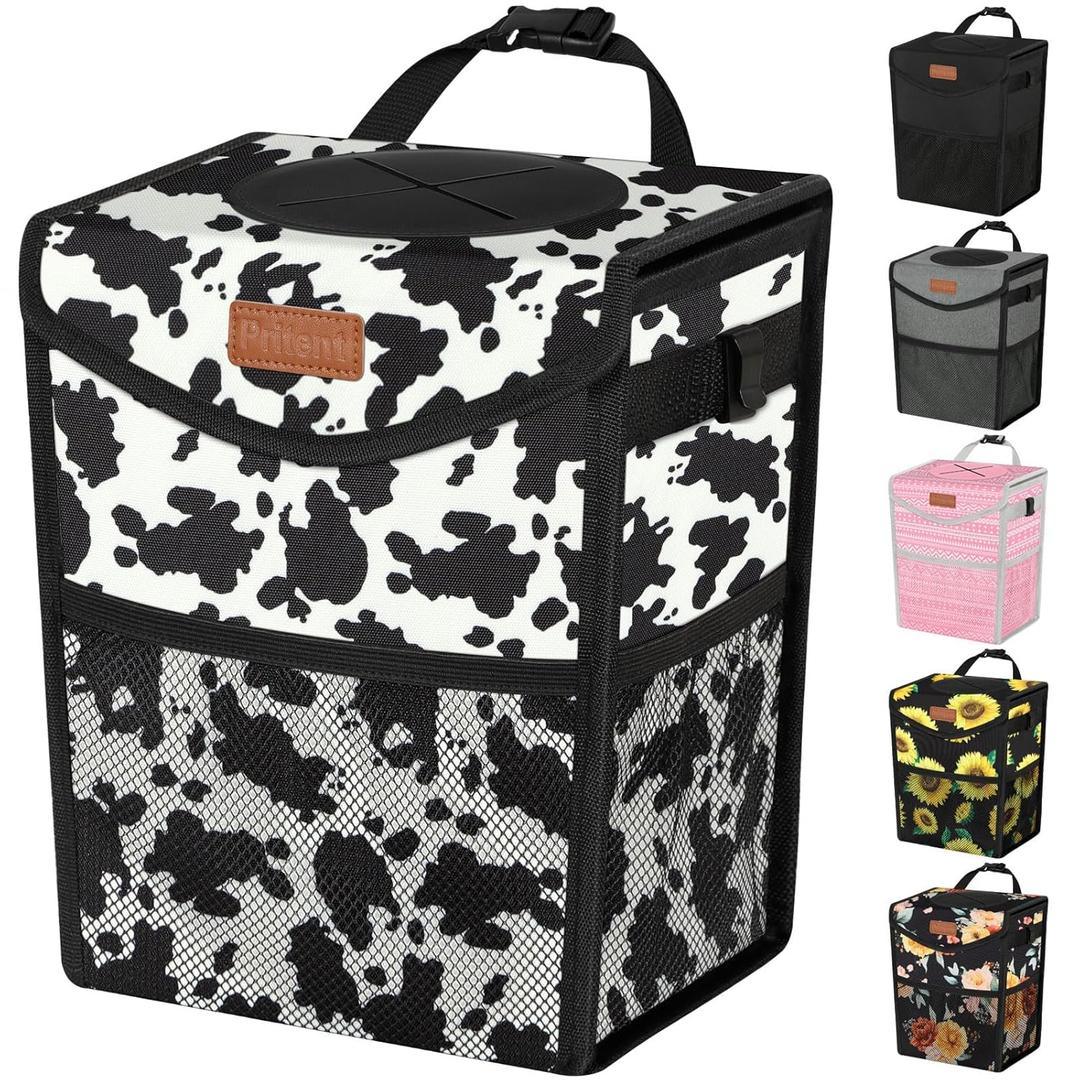 Car Trash Can with Lid, Cute Leakproof Car Trash Garbage Bag Hanging Vehicle Trash Bin Small Portable Automotive Garbage Cans Organizer for Back/Front Seat/Console(Trapezoid,Cow Print) (2 Gallons)