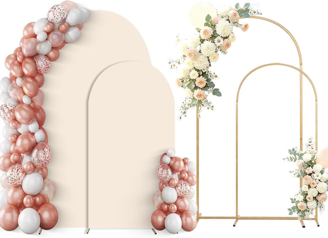 Arch Backdrop Stand Set of 2 With Beige Cover, (7.2FT+6FT) Gold Wedding Arch Stand Balloon Arched Frame for Birthday Party Baby Shower Graduation