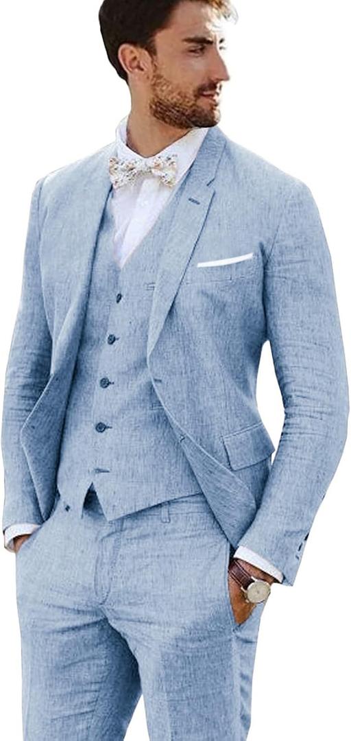 Furuyal Linen Suit 3 Pieces Vintage Retro Wedding Prom Suits Slim Fit Jacket Blazer Groom Tuxedos (Medium, Blue)