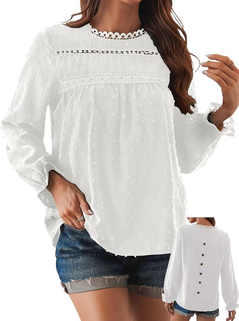 Womens Boho Tops Long Sleeve Shirts For Women Cute Crewneck Blouse Dressy Casual Swiss Dot Crochet Hollow Top 2026 (Large, White)