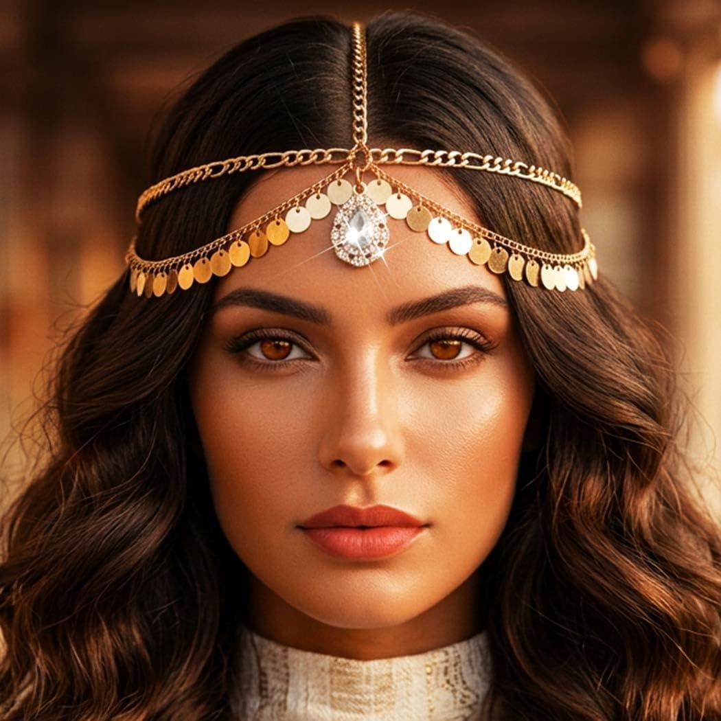 GORAIS Gold Head Chain Jewelry Sequin Egyptian Headpiece Rhinestone Boho Costume Headband for Women