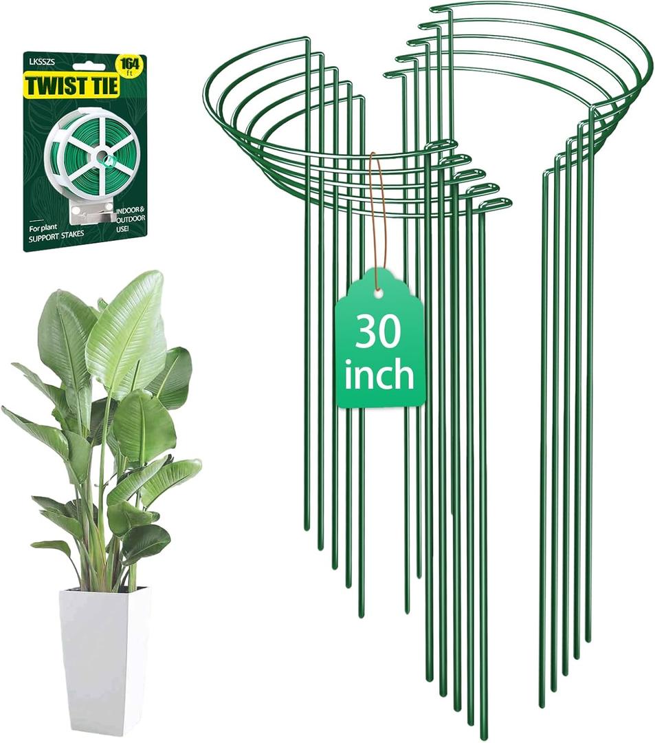 10 Pack 30 Inch Plant Support Stakes, Heavy-Duty Half Round Peony Support Ring Cage, Metal Garden Plant Stakes for Outdoor Plants - Peony, Tomato, Hydrangea with Cuttable Plant Ties (30INCH-10PACK)