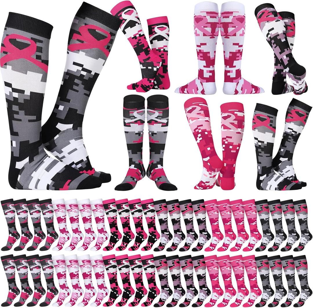 Xtinmee 24 Pairs Breast Cancer Awareness Socks Pink Ribbon Football Camo Breast Cancer Socks for Women (Small, Bright Colors)