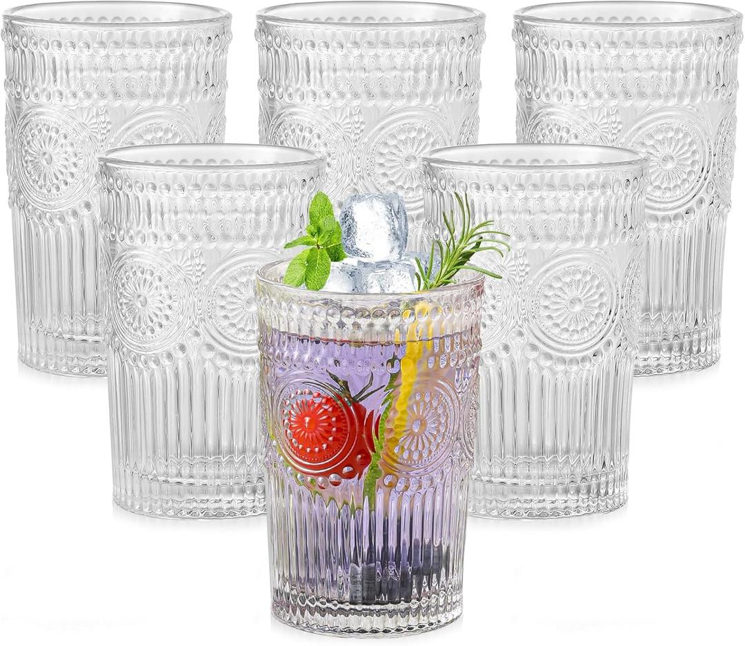 Vintage Glassware Drinking Glasses Set of 6,13 oz Clear Textured Flower Design Glass Water TumblersEmbossed Striped Drinkware for Water,Cocktails,Juice,Iced Coffee