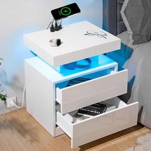HOMMPA LED Nightstand with Wireless Charging Station & USB Ports High Gloss Bedside Table with LED Light RGB Adjustable Brightness Smart Nightstand 2 Drawers Night Stand for Bedroom White HOMMPA LED Nightstand with Wireless Charging Station & USB Ports High Gloss Bedside Table with LED Light RGB Adjustable Brightness Smart Nightstand 2 Drawers Night Stand for Bedroom White