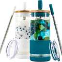 Pandaloo® Glass Cups With Lids and Straws -20 Fl Oz- Perfect Size Iced Coffee Cup - Smoothie Cup With Bamboo Lid and On the go Lid - Glass Tumbler (2 Count (Pack of 1), Coton White-Intense Teal)