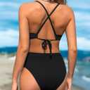 CUPSHE Women's One Piece Swimsuit Plunging Neck Cutout Monokini Textured | Bathing Suit, Removable Soft Cups, Ruched, Crisscross Self Tie Back, Adjustable Straps, Moderate Coverage, Vacation Ready (Black, L)