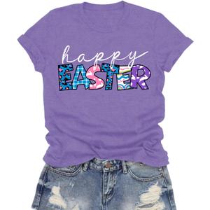 Easter Shirts for Women Happy Easter Day T-Shirt Leopard Plaid Letter Print Tee Tops (Purple, L)