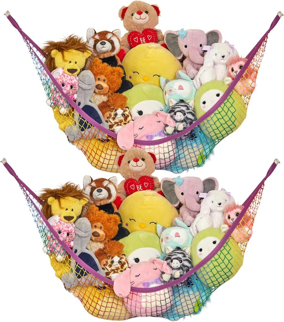 Lilly's Love Stuffed Animal Hammock | Corner Hanging Organizer, Stuffed Animal Storage | Easy to Hang Plushie Net w/Included Anchors & Hooks | Cute Room & Bedroom Decor (Rainbow, 2 Pack) (Standard)