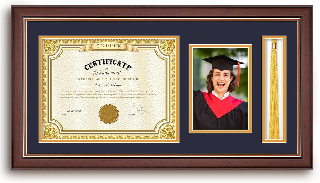 11x22 Cherry Finish Solid Wood Diploma Frame  Holds 8.5x11 Certificate with Tassel and Photo Holder, Blue with Gold Mat, Graduation Gift for Him or Her