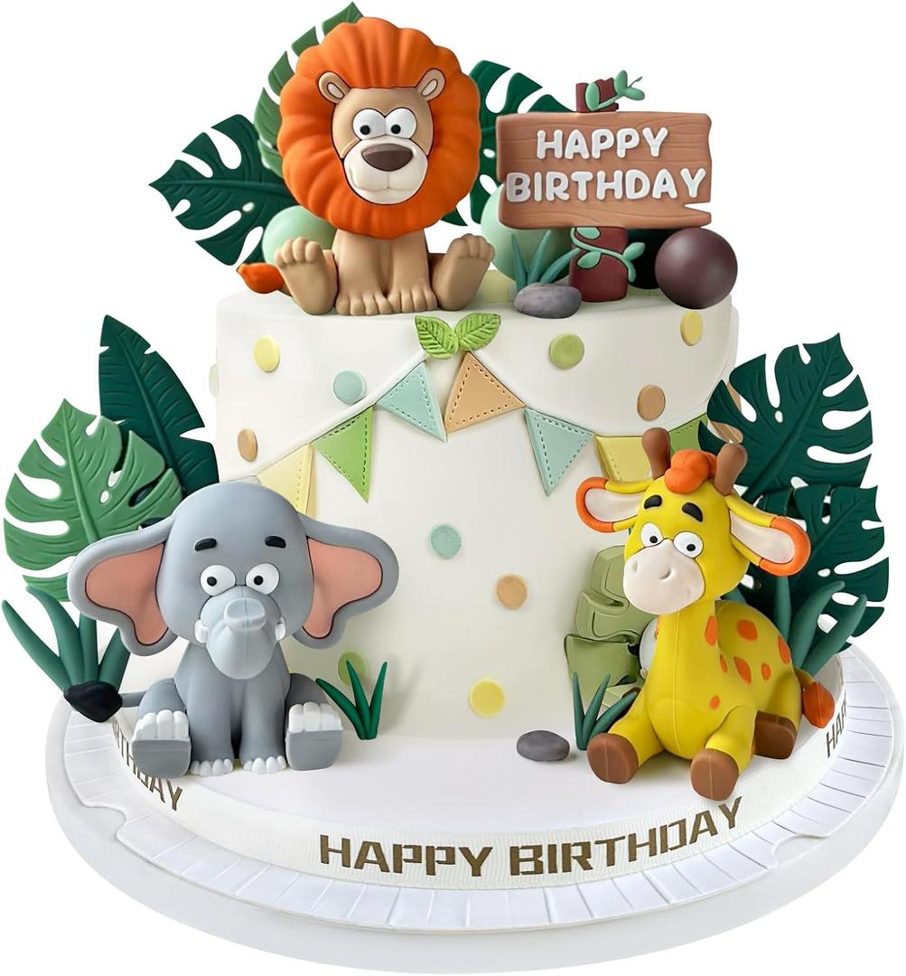23pcs Safari Animal Cake Topper, Jungle Wild Cake Toppers with Leaves Balls Cake Decorations for Safari Animals Themed Birthday Party Decorations (Jungle Wild Animal Style)