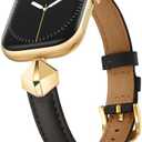 Amazon.com: WFEAGL Leather Band Compatible with Apple Watch Bands Women 38mm 40mm 41mm 42mm(Series 11/10),Dressy Slim Grain Genuine Leather band for iWatch SE Series 11/10/9/8/7/6/5/4/3/2/1-Black/Gold : Cell Phones & Accessories