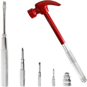Red 6 in 1 Multitool Mini Hammer & Screwdriver Set - Camping Hand Tools with Metal Hammer Head