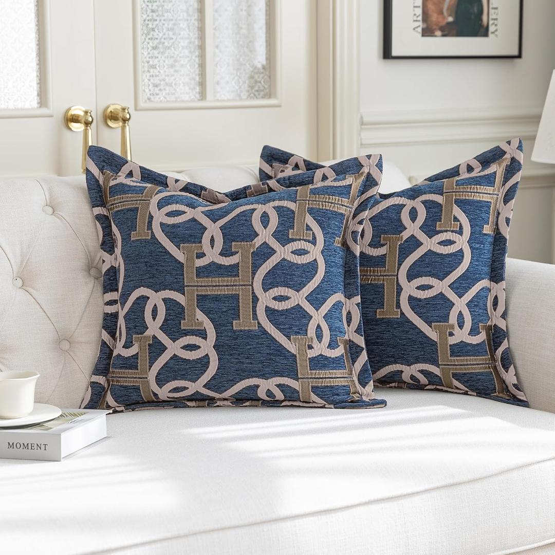 Modern Letter H Throw Pillow Covers 20x20 Inches, 1-Piece Chain Pattern Jacquard Decorative Pillow Cover, Luxury Chic Decor Soft Chenille Pillowcase for Couch Sofa Living Room Chair(Blue)