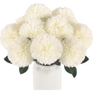 Hananona 12 Pcs Artificial Chrysanthemums Flowers Ball Flower, Fake Mums Flowers White Silk Flowers for Spring Home Decor Indoor Floral Arrangement Table Centerpiece (12, White)
