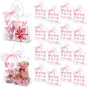 Kolldenn 24 Pcs Clear Gift Bags with Handles 8 Inches Transparent Glitter Tote with Pink Gauze Belt Reusable PVC Wrap Bag (Coquette Pink Bow)