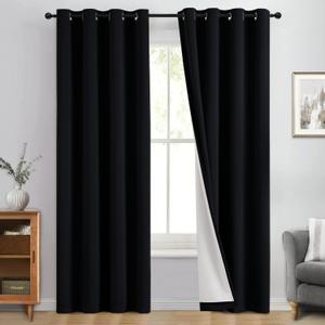Yakamok 100% Blackout Curtain Panels 96 inches Cold and Light Blocking Drapes for Nursery, 2 Thick Layers Thermal Insulated Draperies (2 Pieces, 50 Wide Each Panel, Black Front with White Backing)