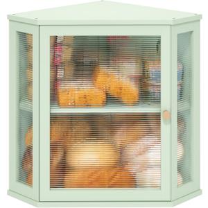 viewcare Corner Bread Box for Kitchen Countertop, Bamboo Wood Large Capacity Bread Storage Bin with Acrylic Wavy Door Panel, Green
