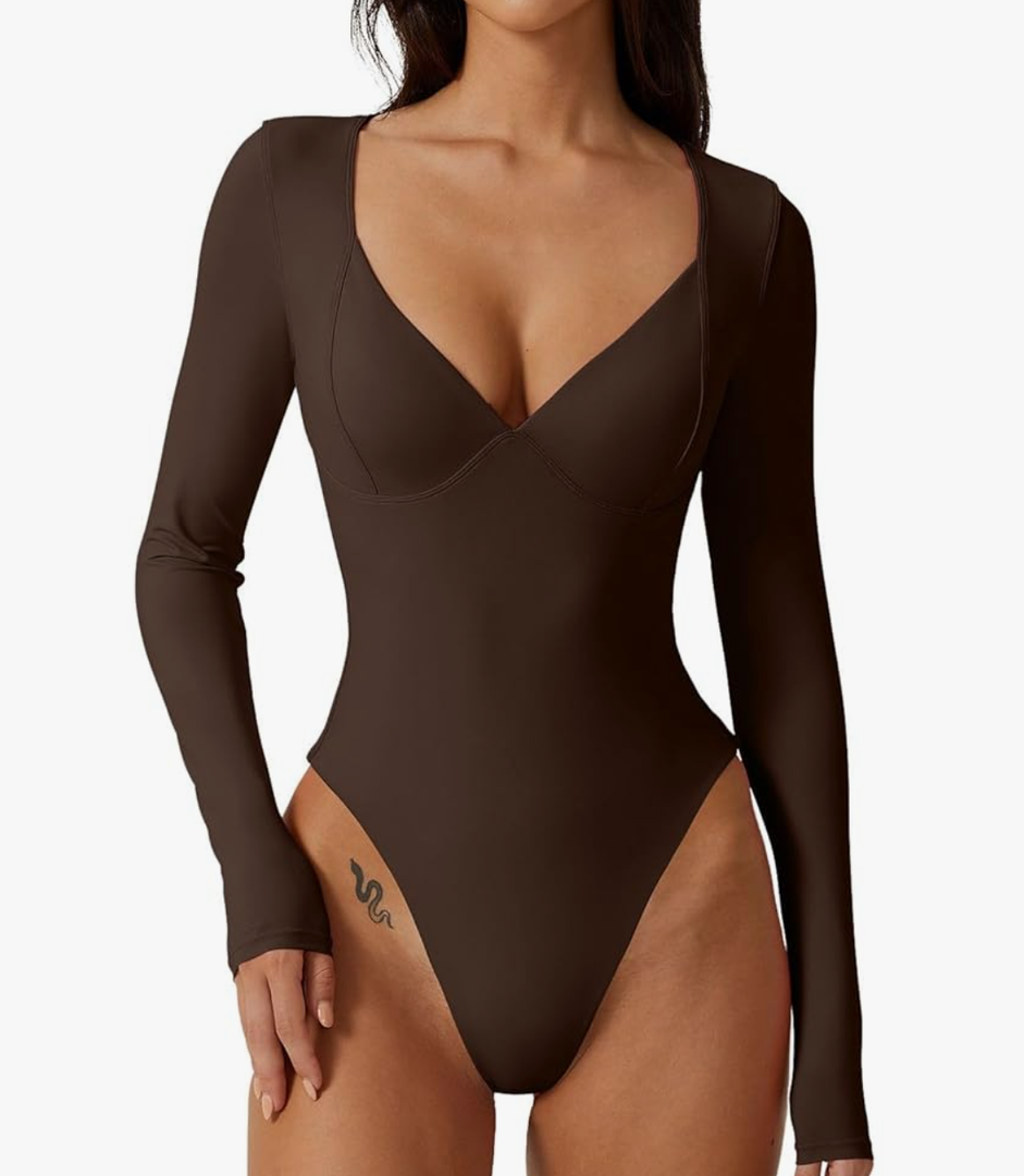 QINSEN Women's Long Sleeve Bodysuit V Neck Body Suits Seamed Cup Going Out Tops Shirt M