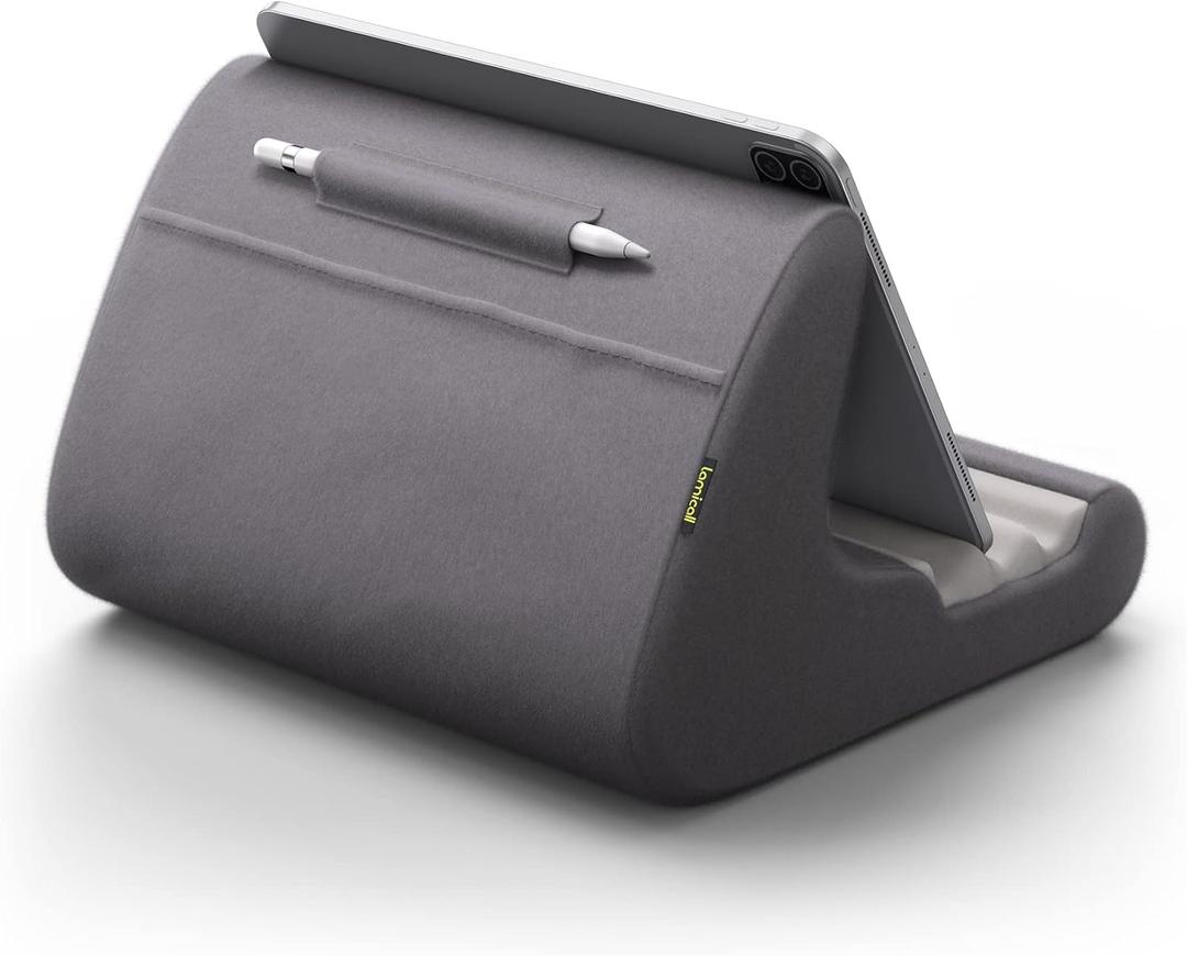 Lamicall Tablet Stand Pillow Holder - Tablet Pillow Soft Pad for Bed, Lap Phone Stand with Stylus Mount & Pocket, for iPad Pro 12.9, Air, Mini, Kindle, Galaxy Tab and 4-13" Devices, Grey, Mother's Day