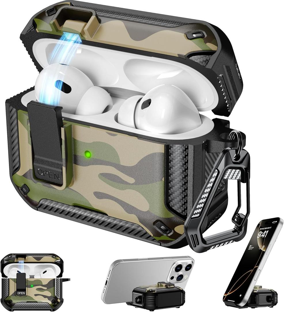 RFUNGUANGO Compatible AirPods Pro 2nd Generation Case with Phone Holder and Compatible Back Magnetic Suction Function, Suitable for AirPods Pro 2 Case, Black+Camouflage