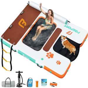 Inflatable Floating Dock 10ft/8ft Dog Boat Ramp in One, Floating Dock Rafts Dog Pool Ramp with Water Hammock, Inflatable Island Platform Water Lounger with Ladder for Pool Lake Boat (8ft x 6ft x 6")