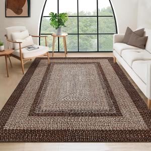 RUGSREAL 10x13 Large Living Room Rug Braided Print Rug Boho Throw Carpet Farmhouse Rustic Dining Room Carpet Non Slip Geometric Bordered Area Rug Bohemian Carpet for Bedroom Home Decor Office, Brown