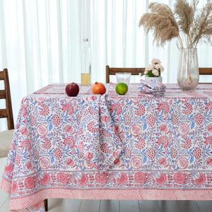 Hand Block Print Cotton Tablecloth: Floral Pigeon Blue, Flamingo Pink, Wedding Decor, Home Decor, Events, Party, Restaurant, Gifts (Pigeon Blue, Flamingo Pink, 16 Seater 72X190 inches) (60" x 60" (Rectangular))