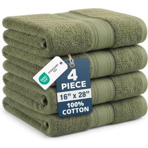 LANE LINEN Bath Hand Towels for Bathroom - 4 Pack (16" x 28"), 100% Cotton Hand & Face Towels Set - Soft, Prevent Fraying & Machine Washable - Everyday Family Towel, Gets Softer Each Wash - Oil Green