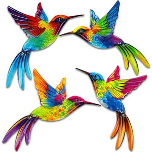 ULENDIS 4 Pack Metal Hummingbird Wall Art Decor, 3D Colorful Birds Outdoor Wall Art Patio Fence Decorations, Wall Hanging Decor for Garden Living Room Balcony(B)