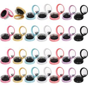 Lawei 28 Pack Folding Travel Hair Brushes with Mirror, Round Mirror Portable Pocket Hair Brush, Mini Mirror with Hairbrush for Purse, Colourful Hair Comb Compact Hair Massage Comb for Women Girls